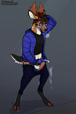 anthro antlers balls biped blue_penis blush bodily_fluids breath brown_hair cloven_hooves cum cum_on_wall cumshot ejaculation erection eyes_closed eyewear fur genital_fluids genitals glasses hair hooves horn humanoid_genitalia humanoid_penis male masturbation penile penile_masturbation penis rectangular_glasses solo standing white_balls white_body white_fur meldritchhorror deer mammal 2022 2:3 digital_media_(artwork)