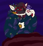 anthro bedding black_body black_fur black_hair blanket blue_clothing blue_eyes blue_topwear clothed clothing container cup drinking front_view fur hair holding_container holding_cup holding_mug holding_object looking_at_viewer male mug multicolored_hair narrowed_eyes red_hair solo topwear two_tone_hair white_body white_fur 0ct0m0n0 canid canine mammal hi_res