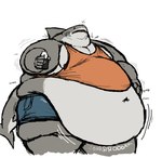 anthro belly belly_jiggle belly_overhang beverage big_belly clothed clothing gills grey_body grey_skin hand_on_belly holding_beverage holding_object jiggling male moobs motion_lines navel obese obese_anthro obese_male open_mouth overweight overweight_anthro overweight_male simple_background solo sound_effects surprise teeth text thick_thighs weight_gain white_background comerboy75 turin_montana fish great_white_shark mackerel_shark marine shark white_shark english_text hi_res