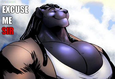 anthro big_muscles big_pecs black_body black_fur black_hair chin_tuft closed_smile clothed clothed_anthro clothed_male clothing cloud detailed_background dreadlocks eyes_closed facial_tuft fur hair jacket male mouth_closed muscular muscular_anthro muscular_male pecs raised_head red_text shirt sky skyscape smile solo text topwear tuft white_text framedrag excuse_me_sir_(meme) the_boys_(series) felid mammal pantherine 2026 artist_name digital_drawing_(artwork) digital_media_(artwork) english_text meme shaded