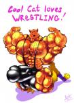 abs anthro balls biceps big_muscles bodily_fluids bulge clothed clothing detailed_bulge duo erection erection_under_clothing genital_outline genitals huge_muscles humanoid_genitalia humanoid_penis hyper hyper_muscles male muscular pecs penis penis_outline serratus simple_background sweat tenting text underwear wrestling wrestling_singlet bobthetanuki cool_cat_(series) cool_cat domestic_cat felid feline felis mammal hi_res