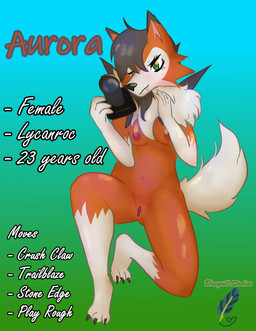 anthro breasts camera claws fangs female fur genitals green_eyes grey_body grey_fur humanoid_genitalia humanoid_vulva kneeling nipples orange_body orange_fur paws pokemorph solo tail teeth vulva bluequill_studios nintendo pokemon aurora_citrine canid canine dusk_lycanroc generation_7_pokemon lycanroc mammal pokemon_(species) absurd_res hi_res