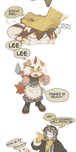 aged_down anthro black_body bowl chibi chopsticks clothed clothing container countershading eating fur hair happy headpat horn male multicolored_body multicolored_fur multicolored_hair open_mouth orange_body orange_fur orange_hair smile tail text white_body white_fur white_hair shifenzhiyi third-party_edit arknights hypergryph mythology studio_montagne hung_(arknights) lee_(arknights) waai_fu_(arknights) canid canine canis domestic_dog dragon felid mammal mythological_creature mythological_scalie pantherine scalie tiger absurd_res comic english_text hard_translated hi_res translated