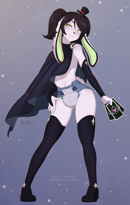 cape card clean_diaper clothed clothing diaper holding_card legwear magic_hat male simple_background solo stockings wearing_diaper merunyaa ryhn humanoid lagomorph leporid mammal rabbit hi_res