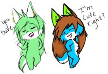 ambiguous_gender anthro blue_body blue_fur brown_ears brown_hair dialogue duo ear_piercing fur green_body green_ears green_fur green_hair hair piercing simple_background text white_background white_body white_fur unknown_artist canid canine mammal english_text low_res source_request