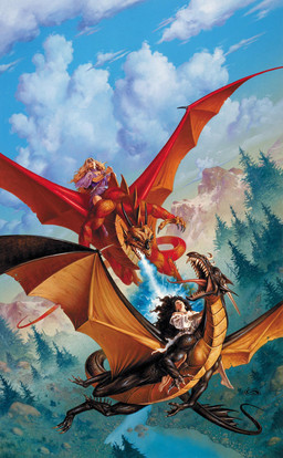 ambiguous_gender black_body black_hair black_scales blonde_hair breath_powers cloud day detailed_background dutch_angle female forest group hair horn membrane_(anatomy) membranous_wings mountain open_mouth outside plant red_body red_scales riding river scales sharp_teeth tail teeth tree water wings clyde_caldwell hasbro mythology wizards_of_the_coast dragon human mammal mythological_creature mythological_scalie scalie 1991 hi_res traditional_media_(artwork)