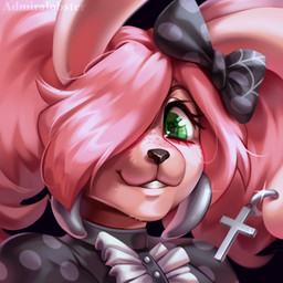 accessory anthro black_background black_clothing black_topwear bow_ribbon clothed clothing cross ear_piercing ear_ring eyelashes female fully_clothed fur glistening glistening_eyes green_eyes grey_clothing grey_spots grey_topwear hair hair_accessory hair_bow hair_ribbon looking_at_viewer piercing pink_body pink_ears pink_fur pink_hair ribbons ring_piercing simple_background solo spots text topwear admiralobster 1:1 artist_name bust_portrait detailed icon portrait