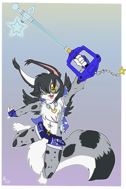 action_pose anthro back_wings biped black_hair black_spots blue_bottomwear blue_clothing blue_gloves blue_handwear blue_shorts blue_topwear blue_vest bottomwear chest_tuft clothed clothing countershade_face countershade_fur countershade_tail countershade_torso countershading ear_tuft feathered_wings feathers fingerless_gloves fluffy fluffy_tail fur gloves gloves_(marking) green_eyes grey_body grey_fur hair handwear heart_accessory holding_object jewelry keyblade leg_markings long_tail male markings melee_weapon necklace open_mouth pose short_hair shorts simple_background small_bulge small_wings socks_(marking) solo spots spotted_body tail teeth tongue topwear tuft vest weapon white_body white_countershading white_fur wings fuf kingdom_hearts square_enix felid feline leopardus mammal ocelot 2019 2:3 hi_res