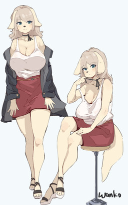 anthro big_breasts blonde_hair blush bottomwear breasts choker clothing female footwear fur hair high_heels jacket jewelry looking_at_viewer necklace red_bottomwear red_clothing red_skirt shoes simple_background sitting skirt smile solo standing tail tan_body tan_fur topwear white_clothing white_topwear wanko0487 canid canine canis domestic_dog mammal 2022 absurd_res hi_res