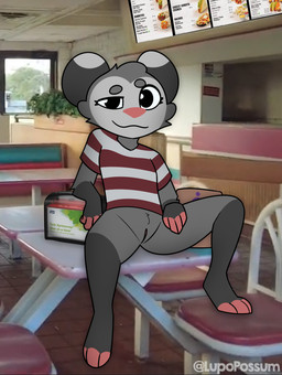 3_toes anthro barefoot black_eyes bottomless breasts burrito chair cheese circle_eyebrows clothed clothing dairy_products dipping_sauce eyebrows fast_food feet female food fur furniture genitals grey_body grey_fur leaf looking_at_viewer menu nachos napkin_holder on_table pattern_clothing pattern_shirt pattern_topwear paws photo_background pink_nose pubes restaurant shirt small_breasts smug solo spread_legs spreading striped_clothing striped_shirt striped_topwear stripes table taco text toes topwear vulva lupopossum taco_bell lupo_(lupopossum) american_opossum mammal marsupial virginia_opossum 2025 absurd_res digital_media_(artwork) english_text hi_res photography_(artwork) andromorph_(lore)