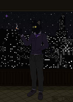 ambiguous_gender anthro black_body black_fur cigarette city city_background clothing footwear fur grey_clothing holding_cigarette holding_object looking_at_viewer office office_clothing purple_clothing shoes sky solo star starry_sky yellow_eyes mr._lago domestic_cat felid feline felis mammal absurd_res digital_media_(artwork) hi_res pixel_(artwork) watermark