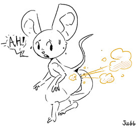 anthro anus backsack balls barely_visible_anus big_butt big_ears bodily_fluids buckteeth butt dialogue embarrassed exclamation_point fart fart_cloud frown genitals looking_back male mouse_ears mouse_tail nude_anthro nude_male open_frown open_mouth orange_fart_cloud raised_tail rear_view simple_background solo speech_bubble surprise sweat sweatdrop tail teeth text white_background worried jubb mammal mouse murid murine rodent 2023 artist_name