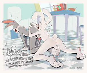 all_fours anal anthro anus backsack balls black_eyebrows buckteeth cereal cereal_box clothing dialogue duo ejaculation exclamation_point eyebrows feet food foot_fetish foot_play footjob fur genitals gloves gloves_only grey_body grey_fur half-closed_eyes handjob handjob_while_rimming handwear handwear_only heart_symbol humanoid_genitalia humanoid_penis long_ears looking_back male male/male male_rimming_male mascot masturbation mostly_nude narrowed_eyes open_mouth oral penile penile_masturbation penis pink_nose question_mark reach_around rimming sex small_tail tail teeth text white_body white_clothing white_fur white_gloves white_handwear twang general_mills looney_tunes trix warner_brothers bugs_bunny trix_rabbit lagomorph leporid mammal rabbit 2026 digital_drawing_(artwork) digital_media_(artwork) english_description english_text hi_res