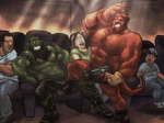 biceps big_muscles blunted_horn body_hair bulge chest_hair clothed clothing confusion disgust female group gun happy horn laugh leather male muscular muscular_male not_furry ranged_weapon skimpy tail theater weapon captaingerbear hellboy_(series) hellboy_(character) demon humanoid orc 4:3