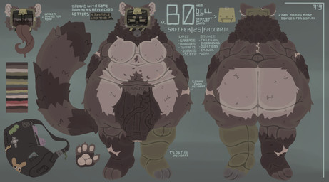 anthro bag big_butt big_penis brown_body brown_fur butt electronics eyewear for_a_head fur genitals glasses gynomorph huge_butt huge_penis hyper hyper_butt hyper_genitalia hyper_penis intersex long_tongue mechanical_leg muscular muscular_anthro overweight penis post-it_note rectangular_glasses robotic_leg scar screen screen_face slightly_chubby solo sticker television text tongue lou_pancake bo_(lou_pancake) mammal object_head procyonid raccoon screen_head tv_head absurd_res english_text hi_res model_sheet