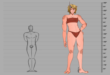 asian_clothing blonde_hair chart chest_wraps clothing east_asian_clothing female fundoshi hair height_chart horn japanese_clothing muscular not_furry red_body red_eyes red_skin scar underwear wraps renata3213 humanoid ogre absurd_res colored hi_res