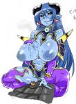 big_breasts black_sclera blue_body blue_hair blue_skin blush bodily_fluids breasts cowgirl_position curvy_figure duo ear_piercing erection female from_front_position genitals hair heart_symbol huge_breasts humanoid_pointy_ears inverted_nipples male male/female monster_girl_(genre) nipples not_furry on_bottom on_top penis piercing pointy_ears pussy sex sweat voluptuous yellow_eyes timaturi astaroth demon humanoid censored