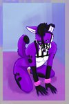 anthro bdsm bdsm_gear bondage bondage_gear bound cuffs_(clothing) gear harness kneeling male muzzle_(object) muzzled pink_cuffs solo submissive submissive_anthro submissive_male wire_basket_muzzle erganyfox pawalo canid canine canis domestic_dog elkhound mammal spitz hi_res