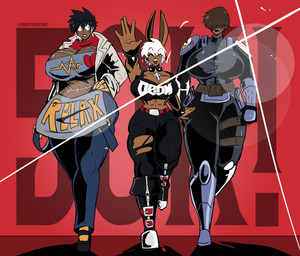 5_fingers belt big_breasts black_bottomwear black_clothing black_jeans black_lips black_pants blue_bottomwear blue_clothing blue_jeans blue_pants boots bottomwear breasts brown_body brown_skin clothing collar cross cross_necklace denim denim_bottomwear denim_clothing female fingers footwear group hair jeans jewelry lips necklace open_mouth pants shoes spiked_collar spikes text text_on_clothing torn_bottomwear torn_clothing torn_pants trio white_hair deputy_rust doom_(series) id_software microsoft daisy_(doom) animal_humanoid human humanoid lagomorph lagomorph_humanoid leporid_humanoid mammal mammal_humanoid rabbit_humanoid 2023 absurd_res hi_res milestone_celebration