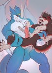 4_toes 5_fingers abdominal_bulge abs ahegao anal anal_penetration animal_genitalia animal_penis anthro anthro_on_anthro balls big_balls big_dom_small_sub big_penis blue_body blush bodily_fluids canine_genitalia canine_penis carrying_another carrying_partner carrying_position claws clenched_teeth dominant duo feet fingers genitals horn humanoid_genitalia humanoid_penis it'll_never_fit knot looking_pleasured male male/male markings multicolored_body muscular muscular_anthro muscular_male nude orgasm_face paws pecs pecs_touching penetration penile penile_penetration penis penis_size_difference raised_tail red_eyes size_difference size_play tail teeth thick_penis toes tongue tongue_out two_tone_body wings alpha-thunder bandai_namco digimon mythology aestas_(character) canid canine canis digimon_(species) dragon exveemon mammal mythological_canine mythological_creature mythological_scalie scalie werecanid werecanine werecreature werewolf wolf hi_res