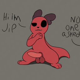 anthro balls black_eyes brown_ears feet feral genitals looking_at_viewer male nude open_mouth penis red_body semi-anthro simple_background smile solo tail text passey_voppy rain_world videocult jip_(passey_voppy) mammal slugcat 1:1 english_text hi_res