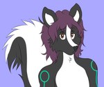 anthro black_body brown_eyes cybernetics femboy hair looking_at_viewer machine male purple_hair simple_background solo white_body quantum_lapiz theo_nyx mammal mephitid skunk half-length_portrait hi_res portrait nonbinary_(lore)