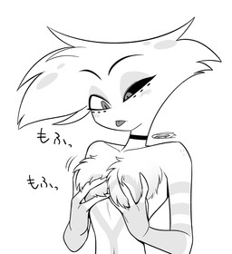 blep blush blush_lines chest_tuft choker eyelashes fingers freckled_shoulders freckles jewelry long_eyelashes male motion_lines necklace self_grope simple_background solo text tongue tongue_out tuft white_background enaic31 hazbin_hotel hellaverse angel_dust arachnid arthropod demon humanoid spider 2026 digital_media_(artwork) hi_res japanese_text monochrome