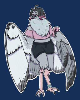 ahoge ambiguous_gender anthro beak beak_closed bird_legs black_body black_bottomwear black_clothing black_feathers black_shorts blue_eyes bottomwear cellphone cere_(anatomy) chest_tuft claws clothing curvy_figure electronics eyebrows feathered_wings feathers green_eyes grey_body grey_feathers grey_fingers hair holding_object holding_phone hourglass_figure legband looking_aside mouth_closed multicolored_eyes navel neck_tuft outline phone pink_cellphone pink_clothing pink_eyes pink_hair_tips pink_legs pink_phone pink_shirt pink_topwear shirt shorts simple_background smartphone solo standing tail tail_feathers text toe_claws topwear transparent_background tuft two_tone_eyes white_body white_feathers white_outline winged_arms wings pandasuarsrex cc0 creative_commons juwan avian bird columbid pigeon rock_dove 2026 absurd_res alpha_channel colored digital_drawing_(artwork) digital_media_(artwork) english_text full-length_portrait hi_res portrait