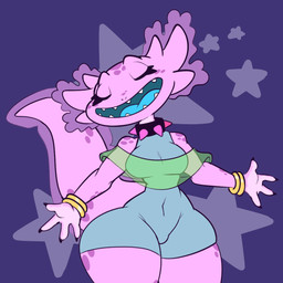 anthro bracelet breasts clothing collar dress eyelashes eyes_closed female freckled_face freckles gills jewelry long_eyelashes markings non-mammal_breasts pink_body sharp_teeth small_breasts smile solo spiked_collar spikes spot_freckles spots spotted_face spotted_legs spotted_markings spotted_shoulders spotted_tail spotted_thighs standing tail tail_markings teeth thick_tail thick_thighs tight_clothing tight_dress wide_hips haiku_oezu axyla_kos_centauri alien amphibian aquatic axolotl mole_salamander nebulian salamander