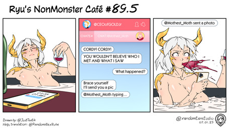 alcohol bath bathing beverage big_breasts breasts container cup drinking_glass electronics female glass glass_container glass_cup glistening glistening_body hair holding_object holding_phone horn humanoid_pointy_ears long_hair not_furry nude phone pointy_ears simple_background solo spit-take spitting spitting_drink surprised text water wet white_background white_hair wine wine_glass yellow_horn randomtanstudio mythology ryu's_non_monster_cafe kordelia_von_goldschmidt animal_humanoid dragon dragon_humanoid humanoid mythological_creature mythological_scalie scalie comic english_text