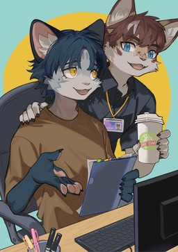 anthro blue_eyes chair clothed clothing coffee_cup computer container cup desk duo electronics furniture keyboard male male/male shirt table topwear yellow_eyes kun_blackcat chen_(pacorstudio) rui_(pacorstudio) felid feline mammal absurd_res hi_res