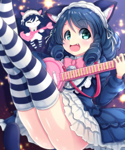alternative_fashion black_hair blush bow_ribbon butt clothing electric_guitar female goth gothic_lolita guitar hair j-fashion japanese_idol legwear lolita_(fashion) maid_headdress musical_instrument open_mouth plucked_string_instrument short_hair stockings string_instrument thigh_highs whiteopanchu sanrio show_by_rock!! cyan_hijirikawa animal_humanoid cat_humanoid felid felid_humanoid feline feline_humanoid humanoid mammal mammal_humanoid