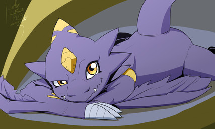 anthro bedroom_eyes claws lying male narrowed_eyes naughty_face on_front purple_body seductive smile smirk solo wings heibanhikaru bandai_namco digimon digimon_beatbreak digimon_(species) monodramon scalie absurd_res hi_res