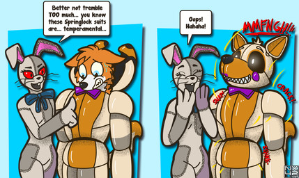 anthro bodily_fluids clothing costume duo female fursuit machine male male/female sweat sweatdrop text trapped violence nx-42 five_nights_at_freddy's five_nights_at_freddy's_world scottgames lolbit_(fnaf) vanny_(fnaf) animatronic canid canine fox lagomorph leporid mammal rabbit robot springlock_suit absurd_res comic english_text hi_res
