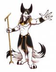 anthro big_ears black_body black_fur bottomwear bracelet clothed clothing collar egyptian egyptian_clothing fur green_eyes hair jewelry loincloth long_hair male multi_tail necklace plantigrade shendyt simple_background solo staff tail usekh white_body white_fur en1gmat1c kaelyn_idow canid canine fennec_fox fox hybrid mammal marble_fox red_fox true_fox hi_res