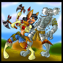 aboriginal anthro attack axe boomerang boots bottomwear breasts brown_body brown_fur clothing crop_top duo fangs female footwear fur gloves grey_body grey_fur handwear jacket loincloth male multicolored_body multicolored_fur navel shirt shoes shorts teeth topwear tribal two_tone_body two_tone_fur virus-20 june_coyote canid canine canis coyote koala mammal marsupial vombatiform 2007 digital_media_(artwork)