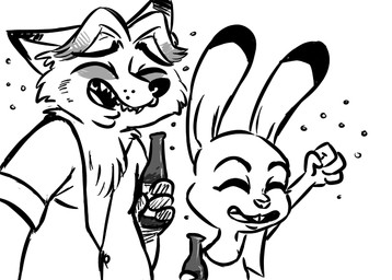 alcohol anthro beer beverage bottle buckteeth chest_tuft clothed clothing container dipstick_ears drunk duo ear_markings eyes_closed female male multicolored_ears open_clothing open_shirt open_topwear shirt simple_background substance_intoxication teeth topwear tuft white_background inkyfrog disney zootopia gideon_grey judy_hopps canid canine fox lagomorph leporid mammal rabbit red_fox true_fox 2016 black_and_white monochrome