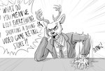 angry anthro antlers cellphone clothed clothing cross-popping_vein dialogue dress_shirt electronics furniture gme horn humor male motion_lines necktie onomatopoeia open_mouth phone phone_call shirt simple_background sitting slap smartphone solo sound_effects suit table text topwear white_background yelling ffog beastars louis_(beastars) cervine deer mammal red_deer 2021 english_text greyscale hi_res monochrome