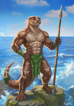 4_toes 5_fingers abs anthro barefoot black_nose bottomwear brown_body brown_fur calf_muscles clothed clothed_anthro clothed_male clothing detailed_background ear_piercing ear_ring facial_piercing feet fingers fur hindpaw humanoid_hands loincloth male markings melee_weapon membrane_(anatomy) muscular muscular_anthro muscular_male nature navel nipples nose_piercing nose_ring on_rock outside paws pecs piercing polearm ring_piercing rock sea septum_piercing septum_ring solo spear standing standing_on_rock tail toes tooth_necklace topless topless_anthro topless_male tribal tribal_markings water weapon webbed_feet wet wet_body wet_fur wraps wrist_wraps ilijamandic mammal mustelid otter