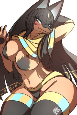 accessory anthro big_breasts biped black_body black_bra black_clothing black_hair black_legwear black_panties black_pawpads black_thigh_highs black_underwear blue_clothing blue_eyes blue_legwear blue_thigh_highs blush blush_lines bra bra_pull breasts brown_body clothed clothed_anthro clothed_female clothing clothing_pull egyptian egyptian_clothing eyelashes female female_anthro fingerpads fingers grey_inner_ear grey_nose hair hand_behind_head legwear logo looking_at_viewer multicolored_body multicolored_bra multicolored_clothing multicolored_legwear multicolored_panties multicolored_thigh_highs multicolored_underwear navel palmorph panties pawpads pointy_ears pupils simple_background slit_pupils solo thick_thighs thigh_highs underwear underwear_pull usekh white_background wide_hips yellow_bra yellow_clothing yellow_legwear yellow_panties yellow_thigh_highs yellow_underwear sk3tchk4t palworld pocketpair anubis_(pal) canid canine mammal pal_(species) 2024 artist_logo digital_drawing_(artwork) digital_media_(artwork) sketch