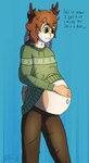 andromorph anthro antlers belly big_belly brown_body brown_eyes brown_fur clothing dialogue fur hoodie horn intersex pregnant pregnant_andromorph pregnant_anthro pregnant_intersex topwear stellaamoris cian_(cluck) deer mammal hi_res male_(lore)