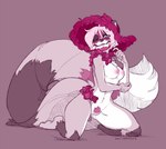 anthro areola big_tail biped breasts feet female genitals holidays kneeling nipples nude one_eye_closed pubes pussy solo tail text caninelove day_of_the_dead asteia_(hurlelune) canid canine canis eurasian_wolf mammal wolf 2018 artist_name dated digital_media_(artwork) full-length_portrait monochrome portrait red_theme