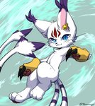 ambiguous_gender anthro bell black_claws blue_eyes claws feet fingers fur hindpaw looking_at_viewer markings nude pawpads paws pupils slit_pupils smile solo toes whiskers white_body white_fur kurogin_(artist) bandai_namco digimon digimon_(species) felid feline felis gatomon_x mammal x-digimon 2019 digital_drawing_(artwork) digital_media_(artwork) full-length_portrait portrait signature