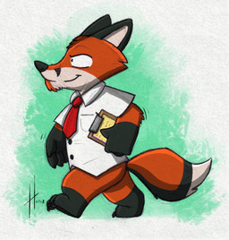 abstract_background accessory anthro black_ears black_nose black_tail chibi closed_smile clothing facial_markings fur head_markings leg_markings male male_anthro markings mouth_closed necktie orange_body orange_fur orange_tail red_necktie shirt side_view smile socks_(marking) solo t-shirt tail topwear walking white_body white_clothing white_fur white_shirt white_t-shirt white_tail white_topwear hufnaar canid canine fox mammal 2018 dated signature