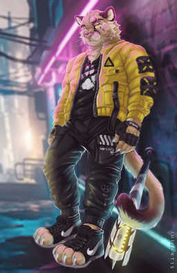 alley anthro baseball_bat bat_(object) biped clothing cyberpunk cyberpunk_clothes eye_scar facial_scar fingerless_gloves footwear gloves handwear jacket male male_anthro neon neon_lights neon_sign outside scar sign solo standing streetwear techwear toeless_footwear topwear whiskers yellow_clothing yellow_eyes yellow_jacket_(clothing) yellow_topwear juliart15 ricius_teck bat cougar felid feline mammal hi_res