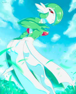 big_butt blush bottomwear butt chest_spike clothing cloud eyelashes featureless_feet feet female grass green_body green_hair hair looking_at_viewer looking_back looking_back_at_viewer plant rear_view red_eyes short_hair skirt sky solo spikes spikes_(anatomy) thick_thighs white_body white_bottomwear white_clothing white_skirt wide_hips hiliwd nintendo pokemon gardevoir generation_3_pokemon humanoid pokemon_(species) hi_res