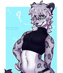 anthro bared_fangs bedroom_eyes belly biped black_clothing clothing crop_top green_eyes hand_on_hip looking_at_viewer male narrowed_eyes navel navel_piercing piercing question_mark seductive shirt slim_anthro slim_male solo topwear underwear goop_original felid mammal pantherine snow_leopard 2024 absurd_res hi_res