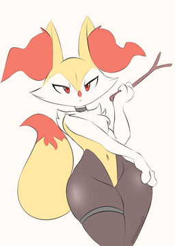 ambiguous_gender anthro big_ears black_body bottomless cheek_tuft chest_tuft choker clothed clothing facial_tuft fur holding_object holding_stick inner_ear_fluff jewelry looking_at_viewer mouth_closed multicolored_body necklace nude orange_inner_ear_fluff red_eyes simple_background solo stick tail thick_thighs tuft white_background white_body white_fur wide_hips yellow_body yellow_fur hidden-cat nintendo pokemon braixen generation_6_pokemon pokemon_(species)