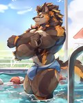 anthro arm_tuft barazoku biceps big_biceps big_muscles big_pecs black_nose blue_clothing blue_underwear bodily_fluids brown_body butt clothed clothing cloud detailed_background elbow_tuft fingers fluffy fluffy_hair fluffy_tail fur glistening glistening_body glistening_nose hair legs_in_water male manly multicolored_body multicolored_fur multicolored_hair muscular muscular_anthro muscular_arms muscular_male muscular_thighs outside partially_submerged pawpads pecs pole pool_float reflection sky skyscape solo speedo standing standing_in_water submerged_legs sunny sweat swimming_pool swimwear tail text thick_arms thick_thighs tuft two_tone_body two_tone_fur underwear underwear_only water water_reflection yellow_body yellow_fur makowolf1 canid canine canis mammal wolf 2024 absurd_res alternate_version_at_source artist_name digital_drawing_(artwork) digital_media_(artwork) half-length_portrait hi_res portrait shaded signature url