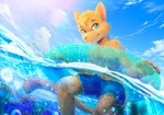 anthro blue_eyes clothed clothing cloud fur inflatable inner_tube lens_flare male orange_body orange_fur outside partially_submerged sea seascape sky solo swimming_trunks swimwear topless topless_male water stampmats takathekitty domestic_cat felid feline felis mammal